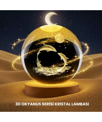 Yunus Temalı Kristal Küre USB Işıklı Ahşap Altlıklı Gece Lambası
