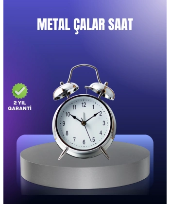 Yuvarlak Gümüş Dekoratif Işıklı Masa Üstü Saat Alarmlı Sessiz Çalışma