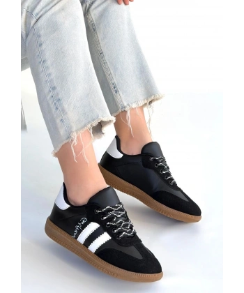 Zerti Siyah Cilt Bağcıklı Spor Ayakkabı