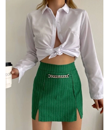 Zincir detaylı çizgili şort etek