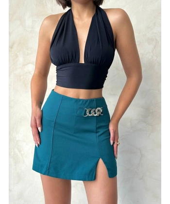 Zincirli şort etek petrol yeşili s24676