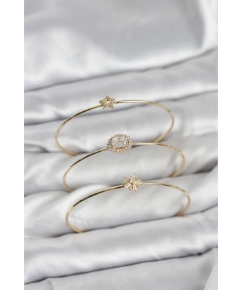 Zirkon Taşlı Gold Renk Tek Taş Model 3lü Kadın Bileklik Kombini