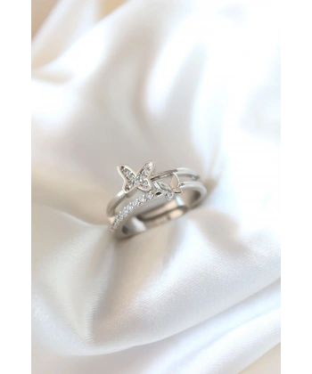 Zirkon Taşlı Gümüş Kaplama Kelebekli Kadın Yüzük
