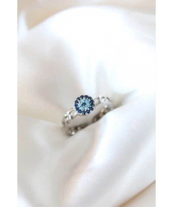 Zirkon Taşlı Nazarlı Gümüş Kaplama Kadın Yüzük