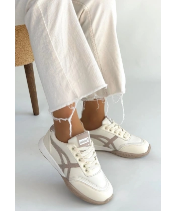 Zlay Bej Cilt Vizon Detaylı Bağcıklı Spor Ayakkabı