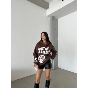 3 iplik şardonlu oversize out of baskılı sweat kahve