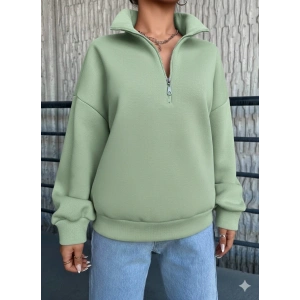 3 iplik Şardonlu yarım fermuarlı sweatshirt mint