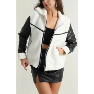 Deri garnili kuzu peluş mont beyaz t1220