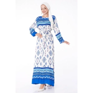 Düz Bisiklet Yaka Kadın Mavi Etnik Desenli Elbise