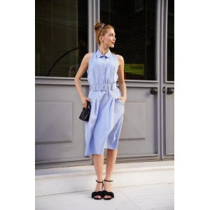 Gömlek yaka kemerli elbise mavi s255061