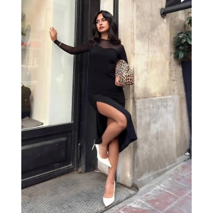 Kadın tül detaylı midi boy yırtmaçlı elbise