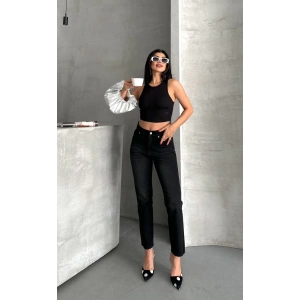 Mom fit enzim bıyıklı taş yıkama jeans pantolon siyah d2006