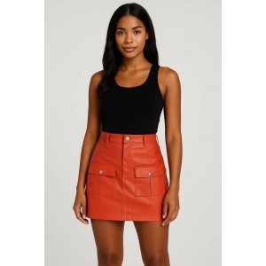 Önden iki cepli deri etek turuncu h240040