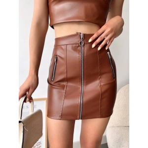 Üç fermuarlı deri etek kahve s24510