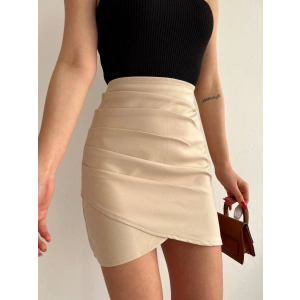 Yandan drapeli asimetrik etek bej s24771