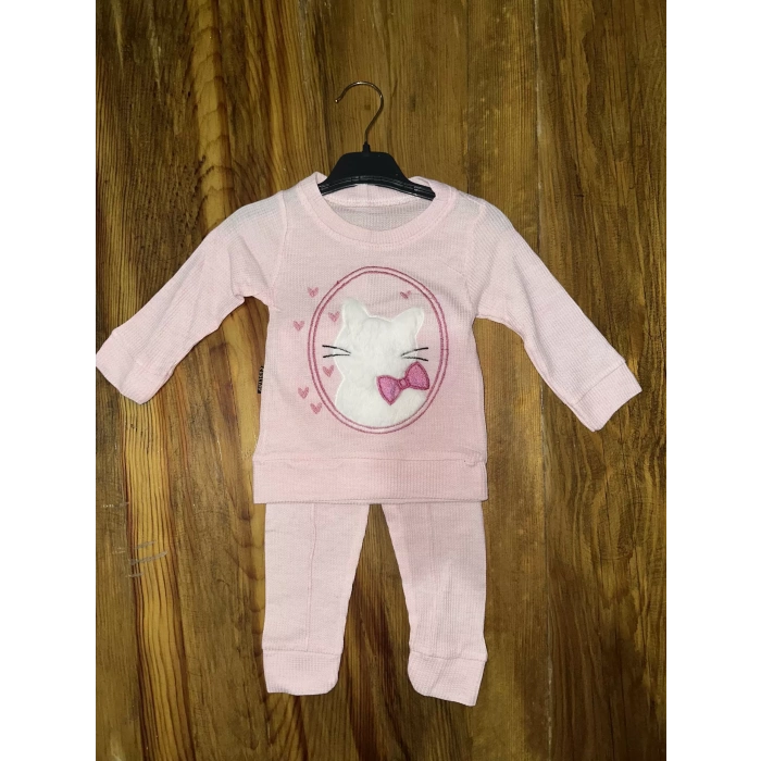 3-12 aylık kedi desen işlemeli takım pembe