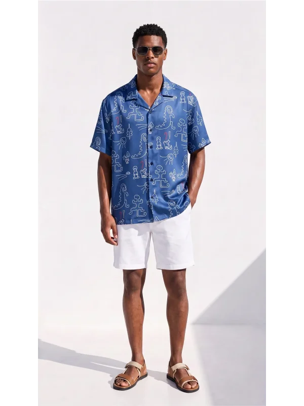 ANTİK FİGÜR BASKILI - Unisex Kısa Kollu Kamp Yaka Saten Gömlek
