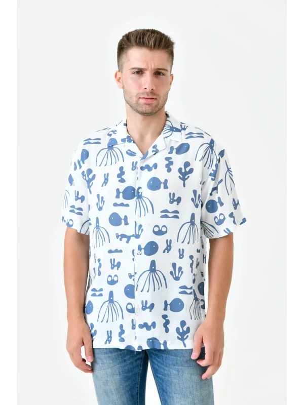 DUNES BASKILI - Kısa Kollu Kamp Yaka Viskon Gömlek