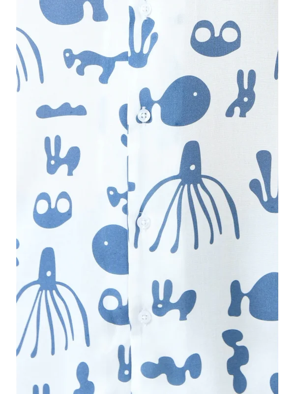 DUNES BASKILI - Kısa Kollu Kamp Yaka Viskon Gömlek