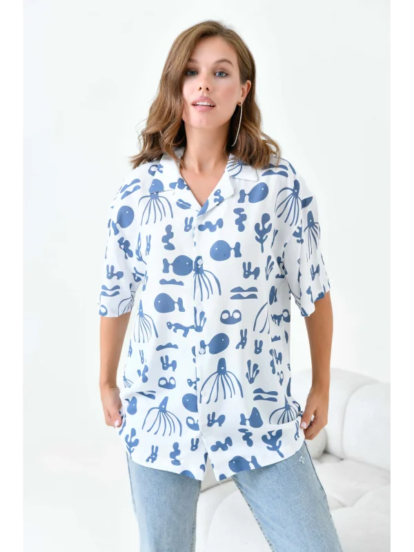 DUNES BASKILI - Kısa Kollu Kamp Yaka Viskon Gömlek