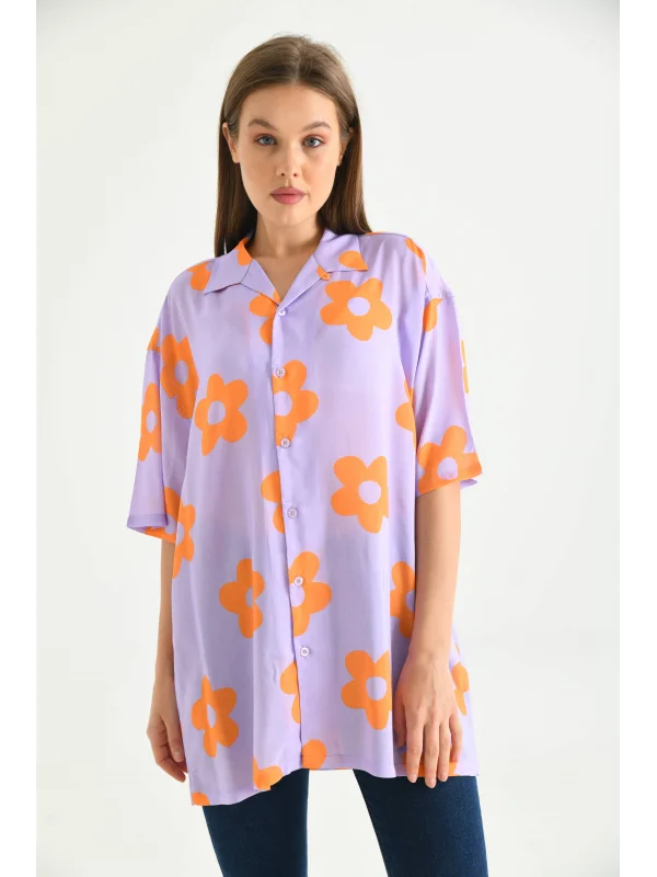 PAPATYA BASKILI - Kısa Kollu Kamp Yaka Viskon Gömlek