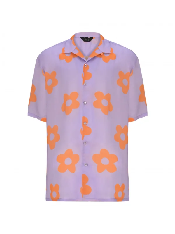 PAPATYA BASKILI - Kısa Kollu Kamp Yaka Viskon Gömlek