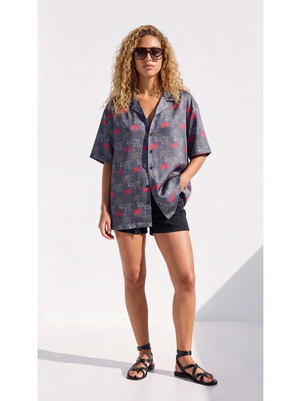 Kara Kıta Baskılı - Unisex Kısa Kollu Kamp Yaka Saten Gömlek
