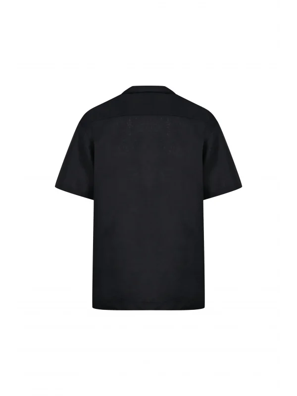 Siyah Keten Gömlek - Kısa Kollu Kamp Yaka