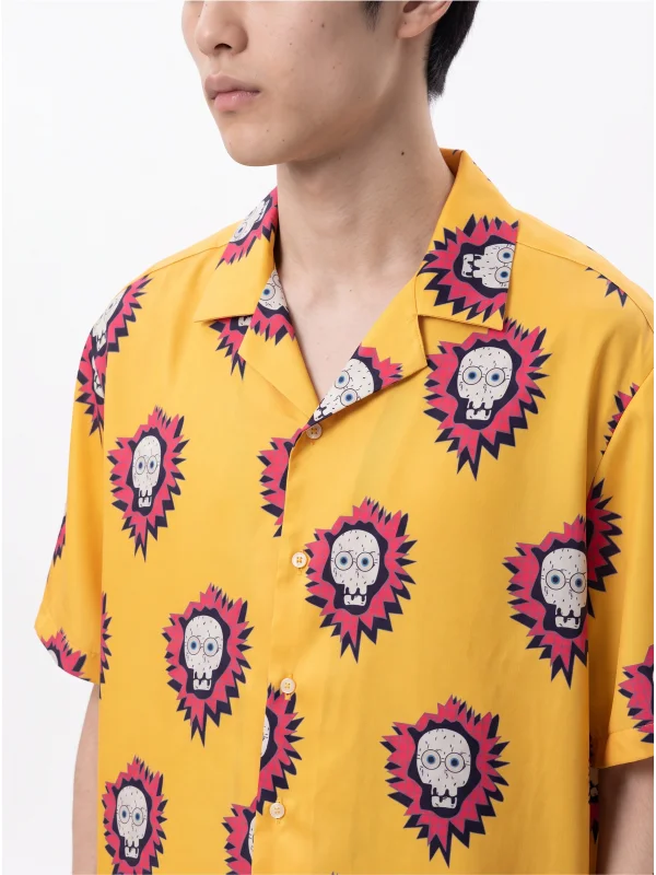 KURU KAFA BASKILI -Unisex Kısa Kollu Kamp Yaka Saten Gömlek