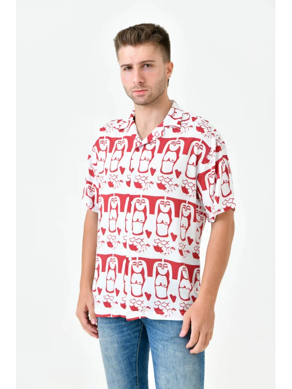 SİREN BASKILI - Kısa Kollu Kamp Yaka Viskon Gömlek  