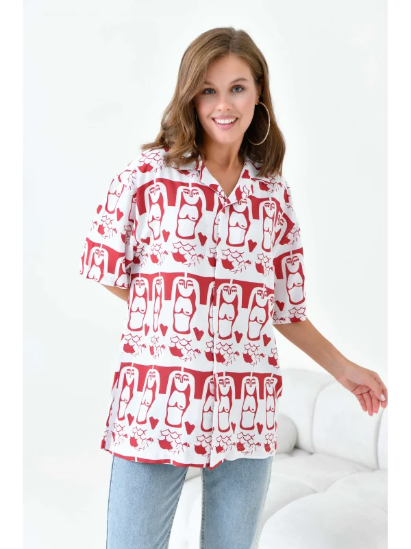 SİREN BASKILI - Kısa Kollu Kamp Yaka Viskon Gömlek  