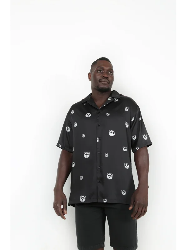 PANDA BASKILI - Kısa Kollu Kamp Yaka Gömlek