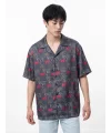 Kara Kıta Baskılı - Unisex Kısa Kollu Kamp Yaka Saten Gömlek