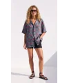 Kara Kıta Baskılı - Unisex Kısa Kollu Kamp Yaka Saten Gömlek