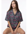 Kara Kıta Baskılı - Unisex Kısa Kollu Kamp Yaka Saten Gömlek