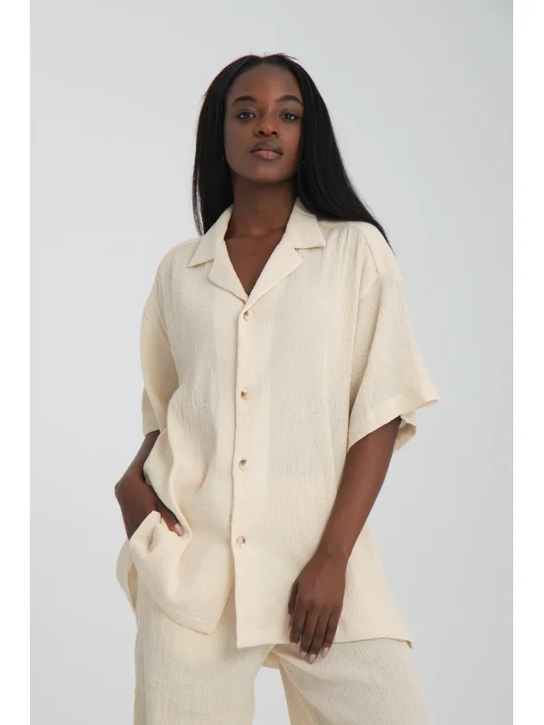 Bürümcük Bej - Rahat kesim kamp Yaka Pamuk Gömlek