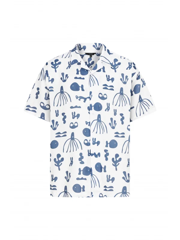 DUNES BASKILI - Kısa Kollu Kamp Yaka Viskon Gömlek