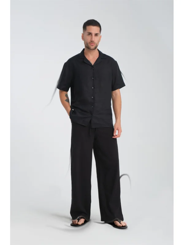 Siyah Keten Gömlek - Kısa Kollu Kamp Yaka