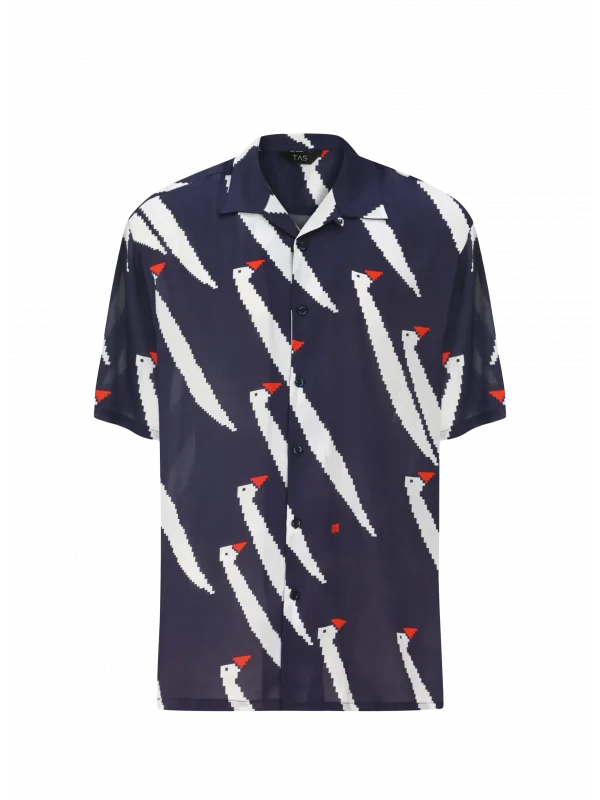 PENGU BASKILI - Kısa Kollu Kamp Yaka Viskon Gömlek