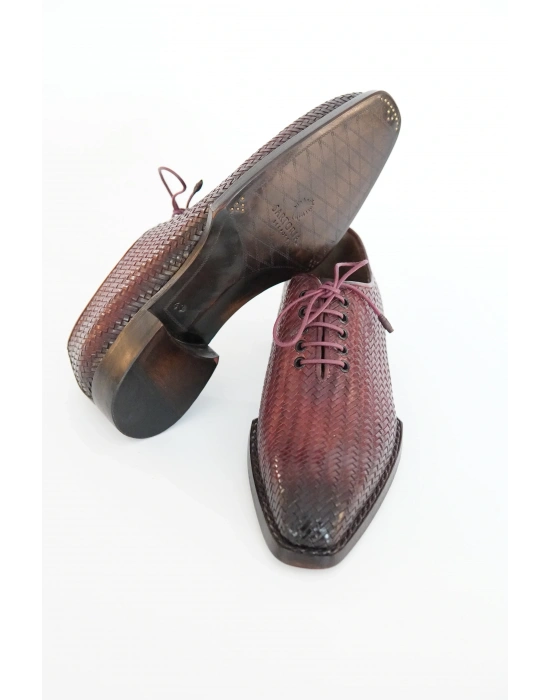 Hakiki Dana Derisi Bordo Siyah Örme El Yapımı Ayakkabı
