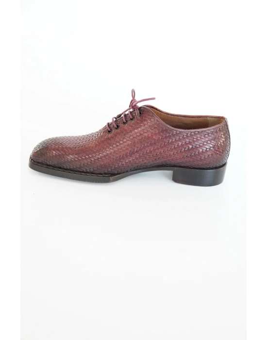 Hakiki Dana Derisi Bordo Siyah Örme El Yapımı Ayakkabı