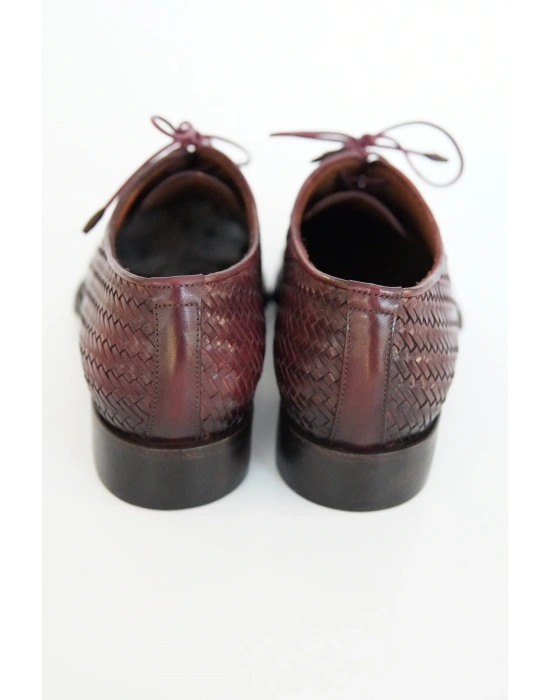 Hakiki Dana Derisi Bordo Siyah Örme El Yapımı Ayakkabı