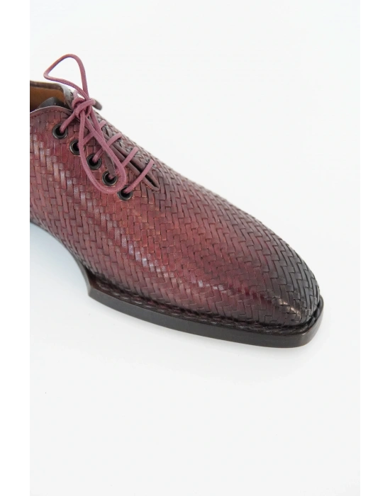 Hakiki Dana Derisi Bordo Siyah Örme El Yapımı Ayakkabı