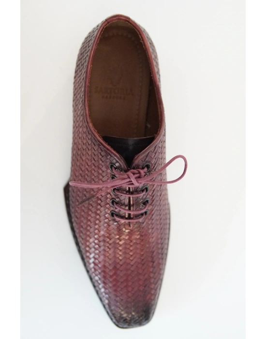 Hakiki Dana Derisi Bordo Siyah Örme El Yapımı Ayakkabı