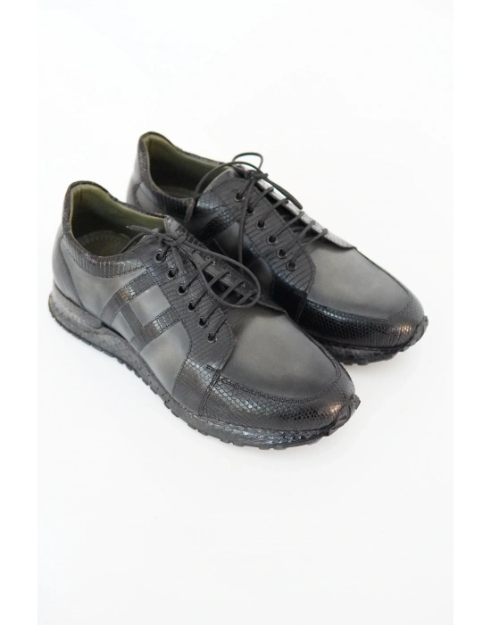 Hakiki İguana & Dana Derisi Casual Siyah Füme El Yapımı Ayakkabı