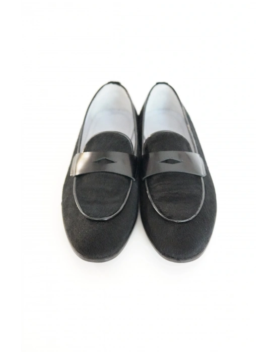 Hakiki Tay Tüyü Derisi Siyah Loafer Ayakkabı