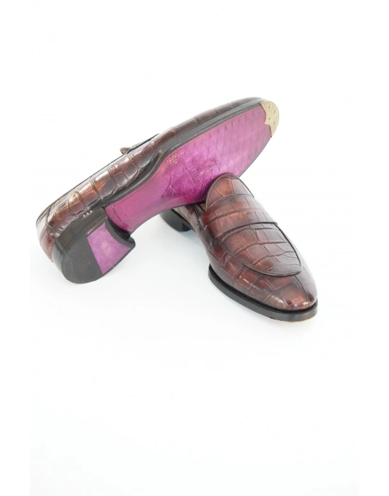 Hakiki Timsah Derisi Bordo El Yapımı Ayakkabı