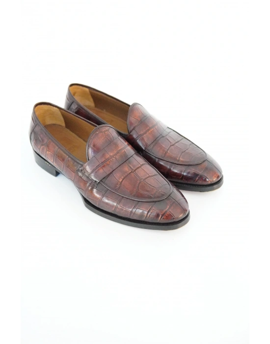 Hakiki Timsah Derisi Bordo El Yapımı Ayakkabı