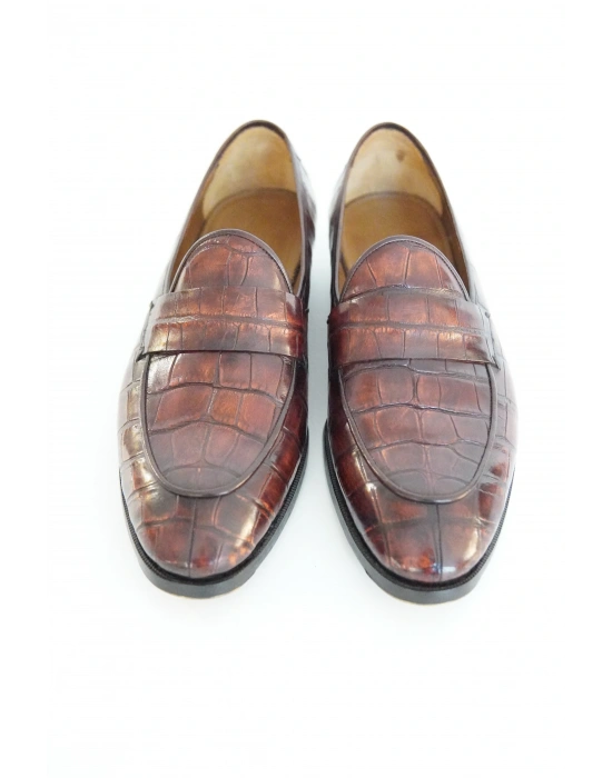 Hakiki Timsah Derisi Bordo El Yapımı Ayakkabı