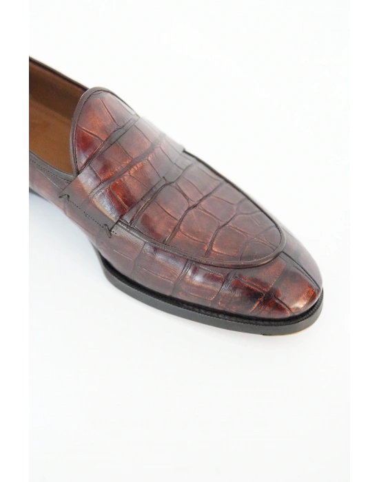 Hakiki Timsah Derisi Bordo El Yapımı Ayakkabı